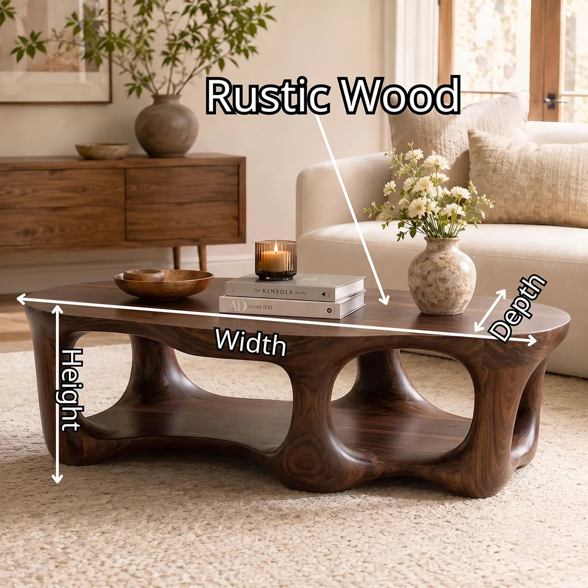 Sculptural Organic Coffee Table with Open Lower Shelf | Modern Living Room Center Table TT006-3VXG8WB