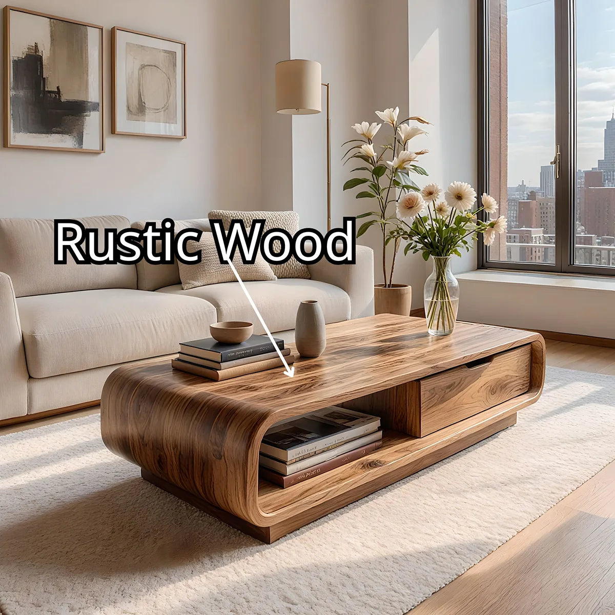 Modern Solid Wood Curved Coffee Table with Storage Drawer and Shelf