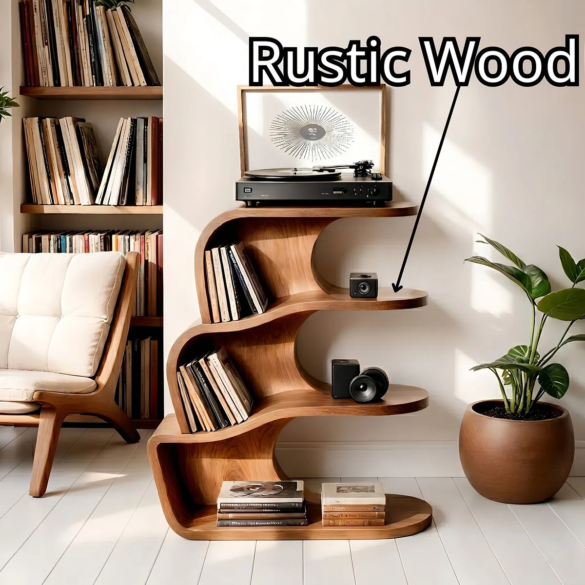 Modern Solid Wood Record Player Shelf, Curved Bookcase with Vinyl Storage Display