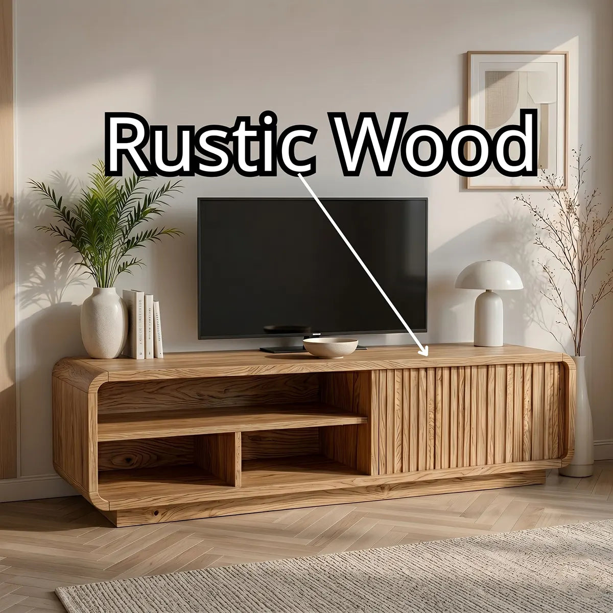 Modern Solid Wood Rounded TV Stand with Slatted Tambour Door