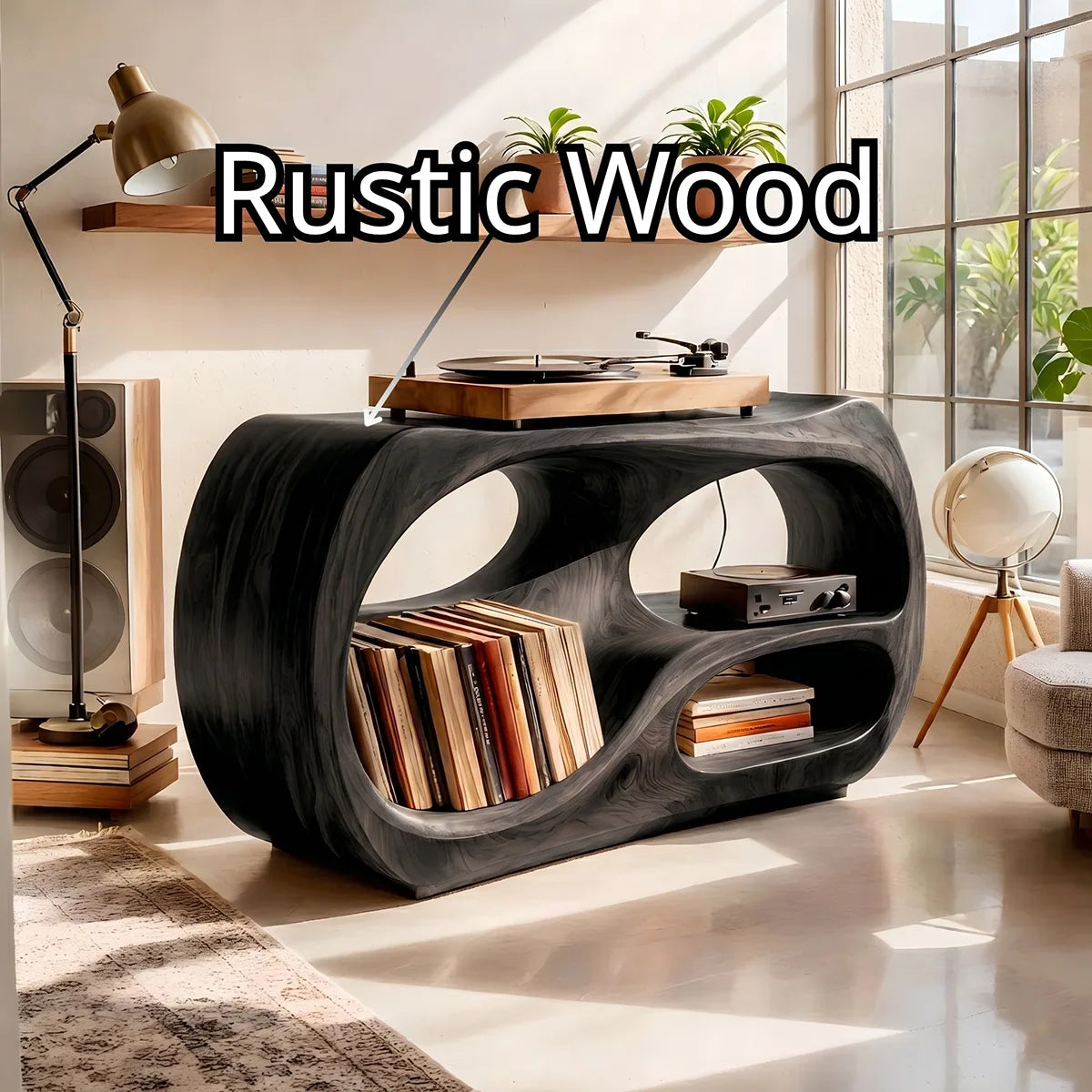 Solid Wood Record Player Stand, Curved Turntable Cabinet with Vinyl Storage