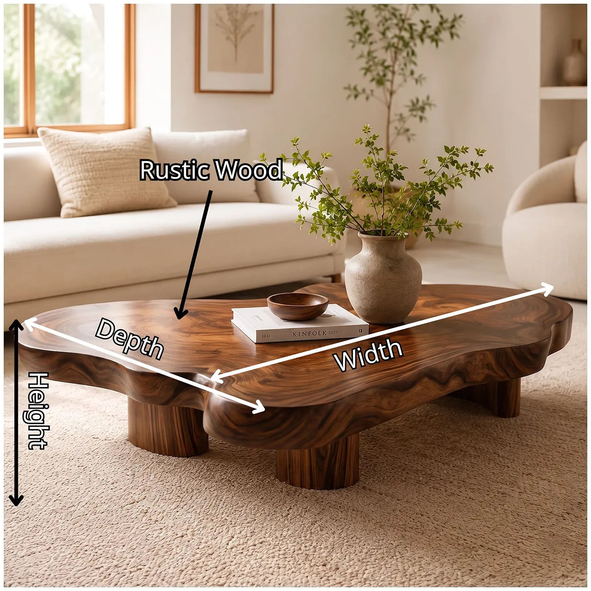 Organic Solid Wood Live Edge Coffee Table | Freeform Hardwood Coffee Table with Sculptural Pedestal Base TT006-4064