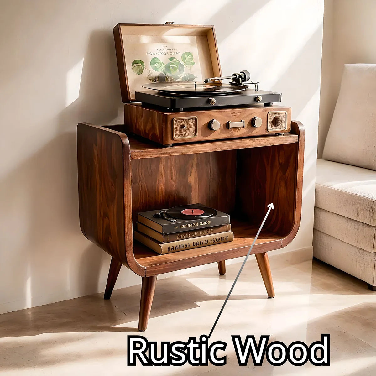 Mid Century Wooden Record Player Stand With Open Storage