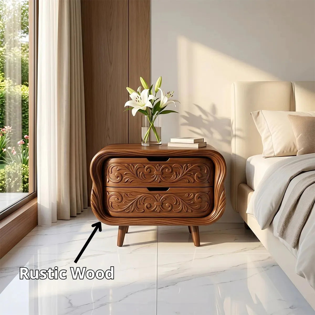 Carved Nightstand with 2 Drawers | Luxury Sculptural Bedside Table TH003-7822