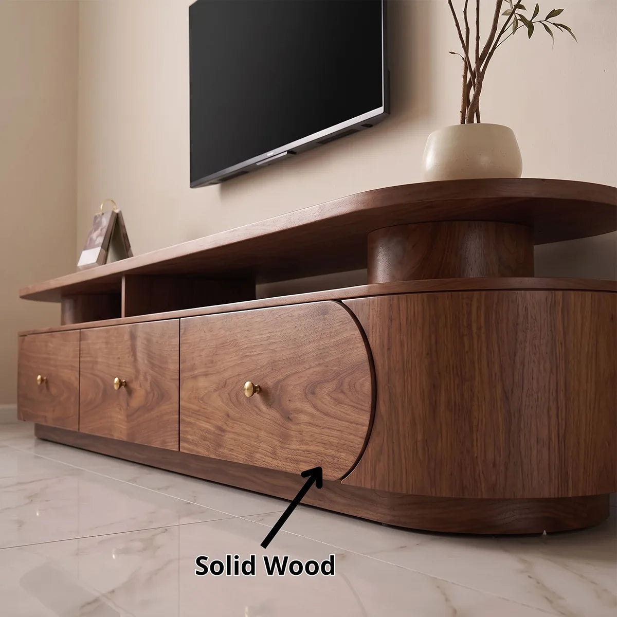 Modern TV Stand with 3 Drawers & Open Shelf | Curved Media Console TH003-1IBC4JQ