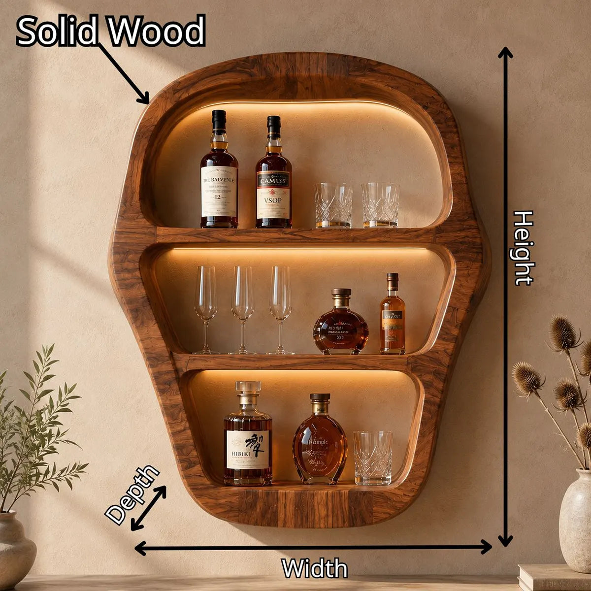 Sculptural Solid Wood Wall Wine Holder for Home Bars, Dining Rooms & Whiskey Lovers TT006-3455