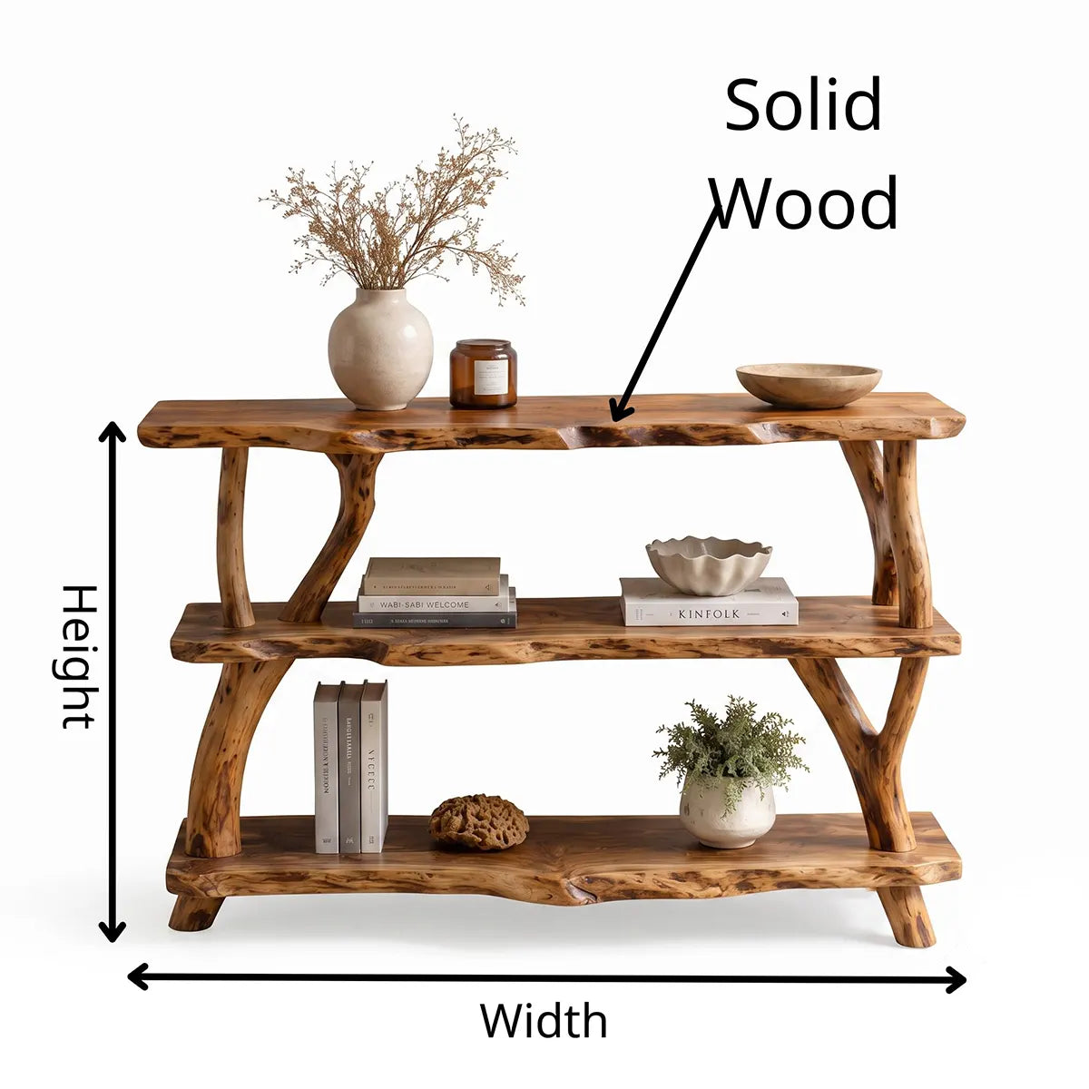 Rustic Live Edge Console Table | Natural Solid Wood Entryway Console with Open Display Shelves TT006-6390