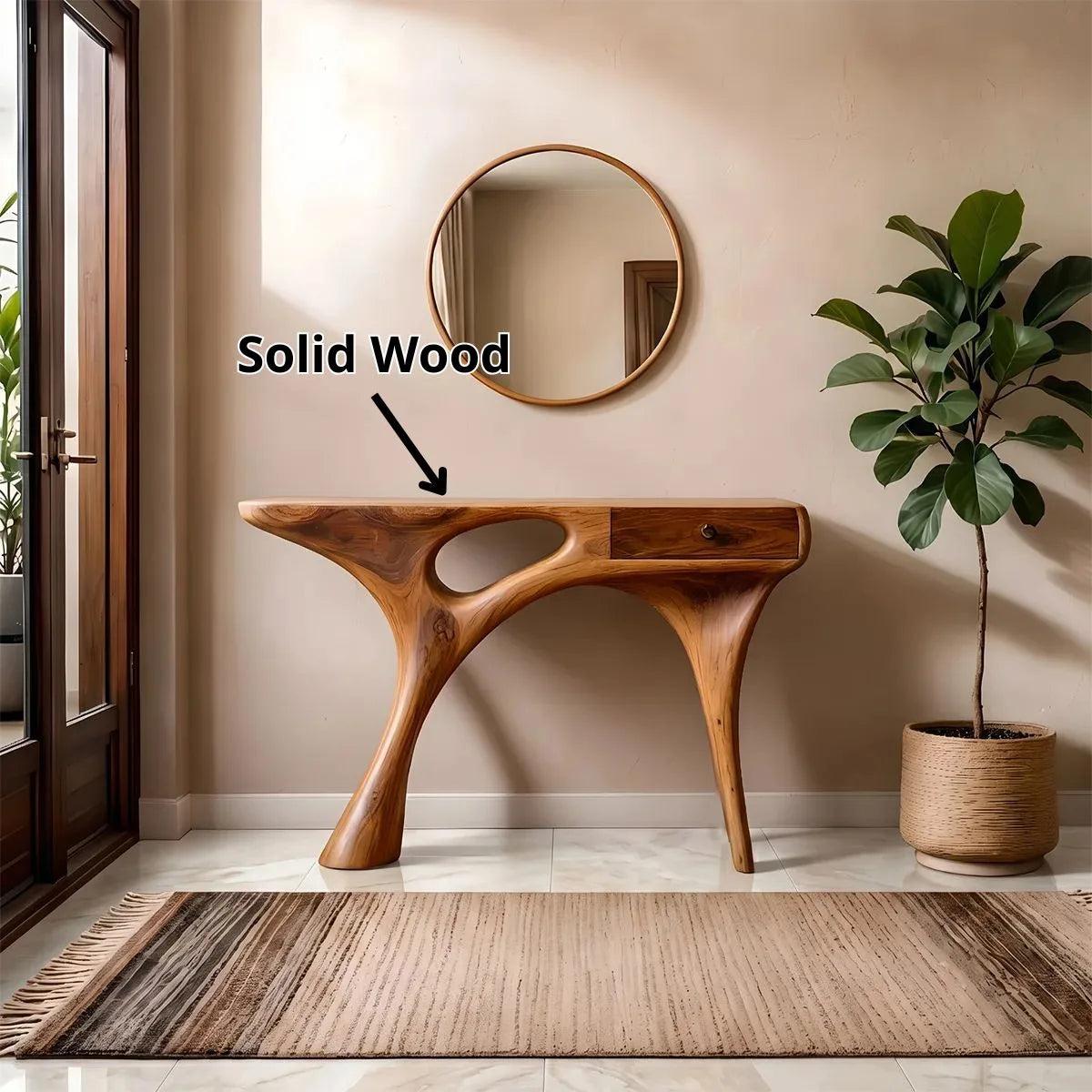 Organic Modern Console Table with Sculptural Base & Drawer – Contemporary Entryway Table TH003-5521