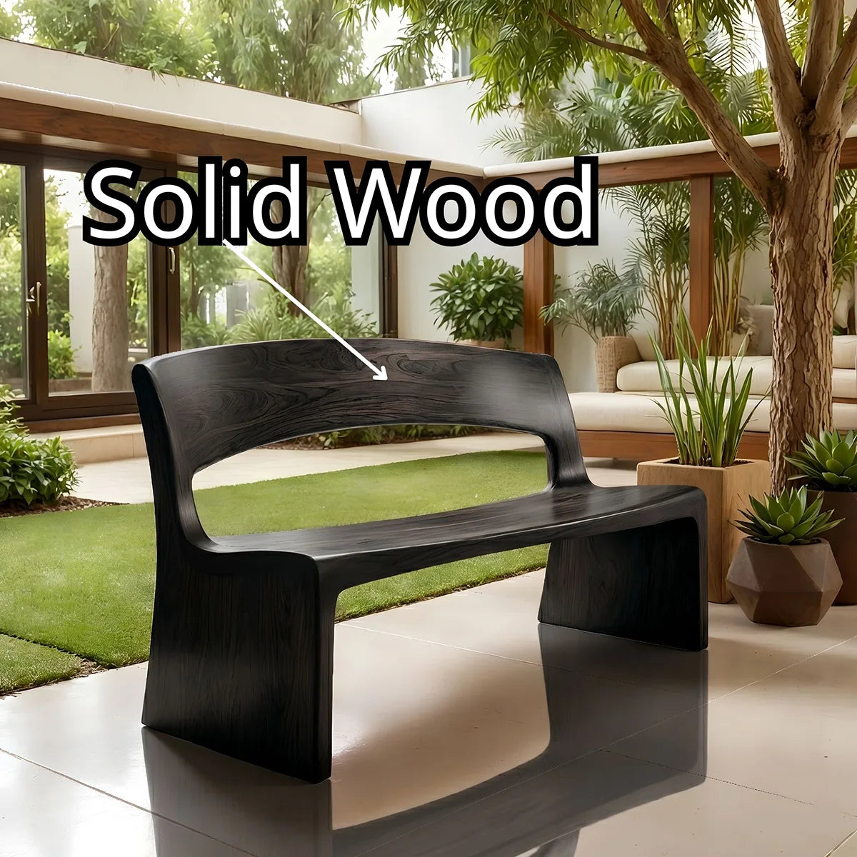 Handcrafted Solid Wood Outdoor Bench Minimalist Sculptural Garden Bench with Backrest