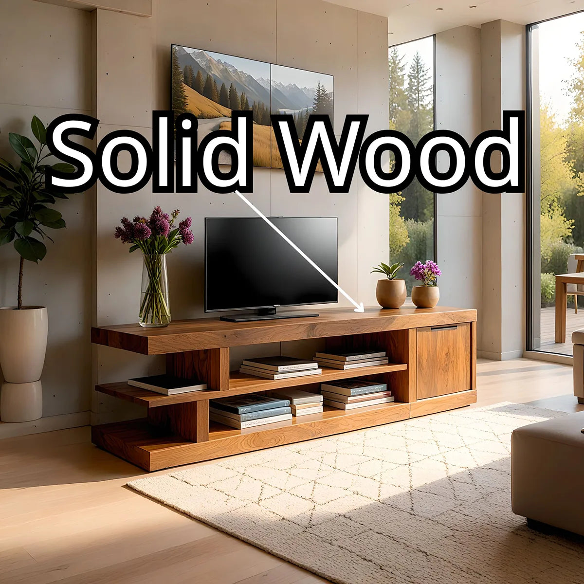 Modern Solid Wood Asymmetrical TV Stand with Tiered Shelving