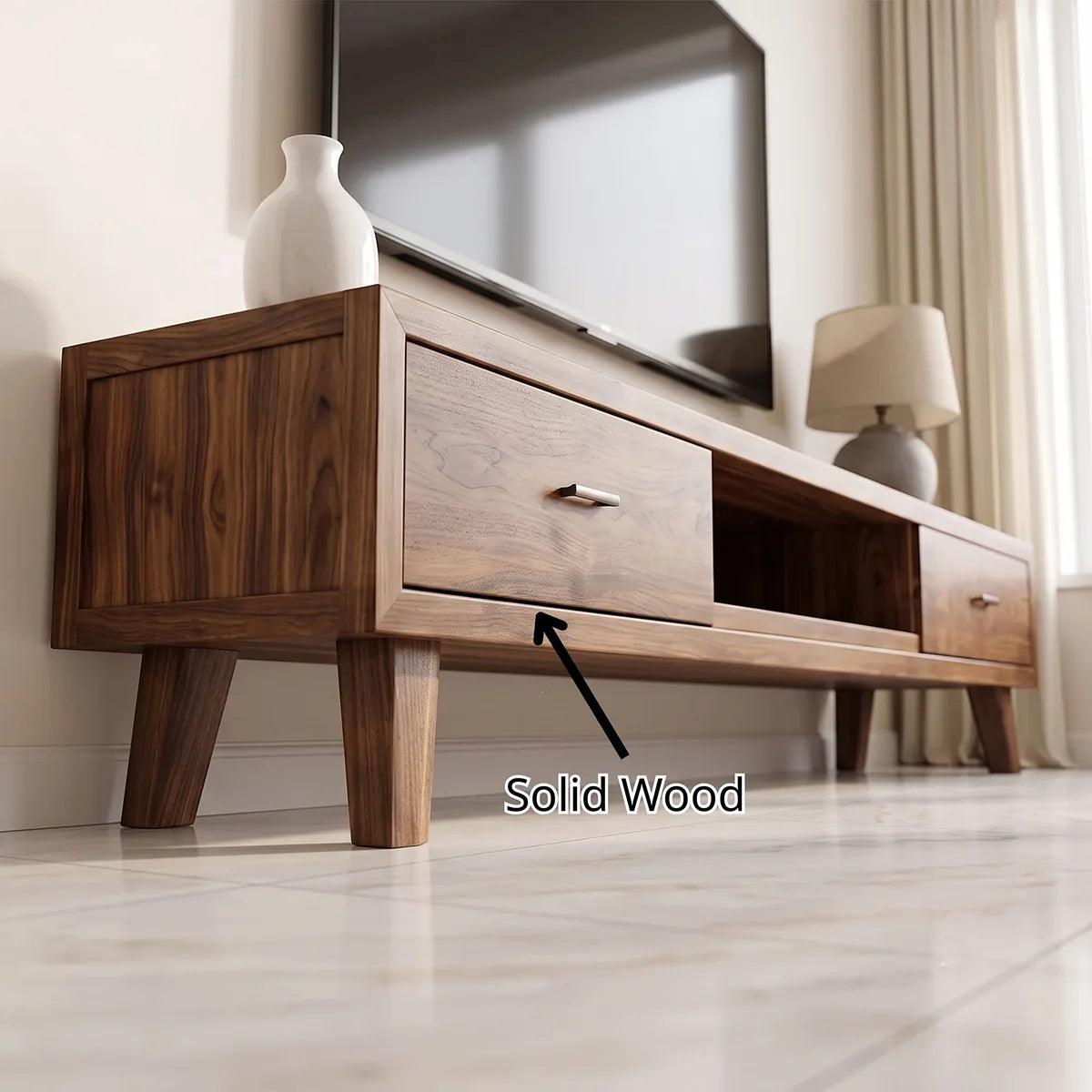 Modern TV Stand with 2 Drawers & Open Shelf | Low Profile Media Console TH003-6TLG4RN