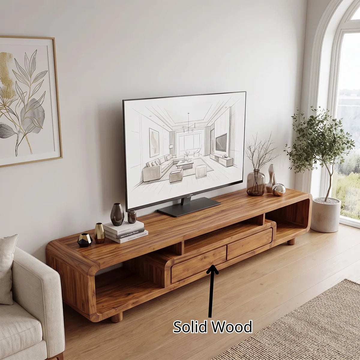 Modern Curved TV Stand with Open Shelves & 2 Drawers | Low Profile Entertainment Console TH003-5MRZ4FZ