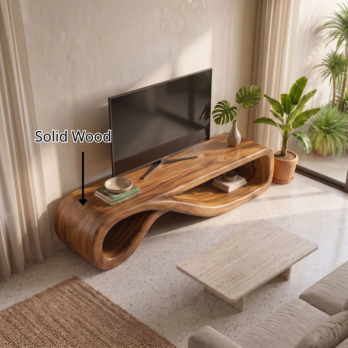 Sculptural Curved TV Stand with Open Storage | Modern Low Profile Entertainment Console TH003-7MDL5CO