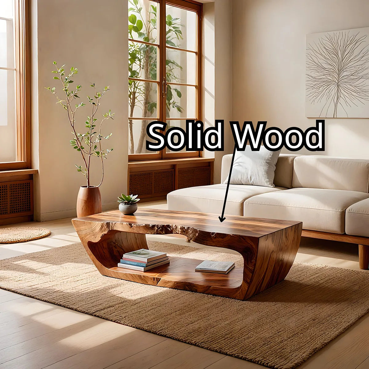 Live Edge Solid Wood Coffee Table with Shelf – Handcrafted Rustic Modern Table