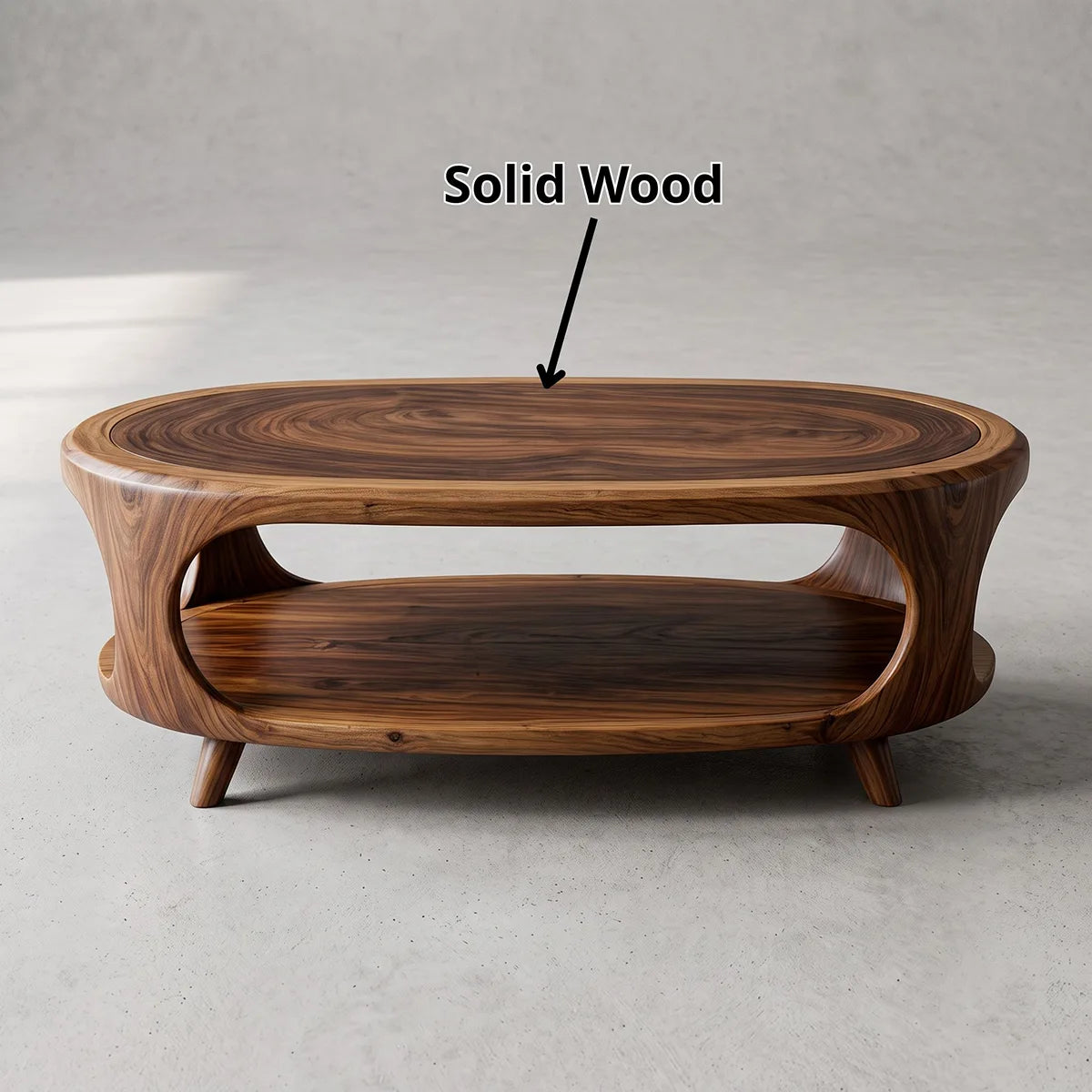 Modern Organic Coffee Table with Shelf | Sculptural Solid Wood Oval Coffee Table TH003-7476