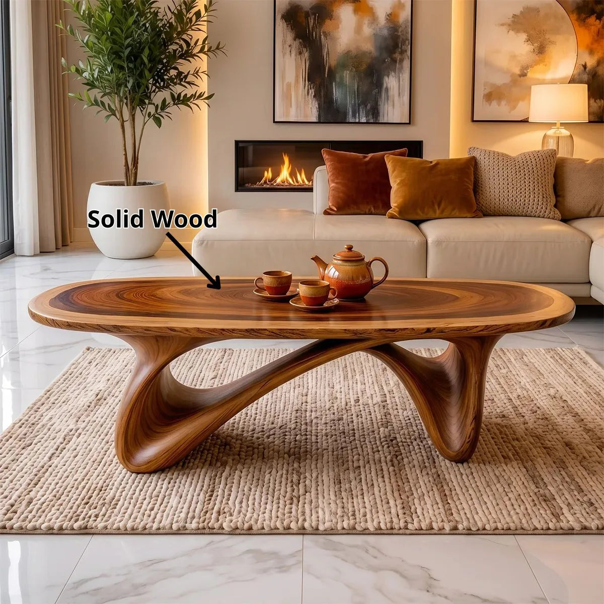 Modern Organic Coffee Table | Sculptural Solid Wood Oval Cocktail Table TH003-9925