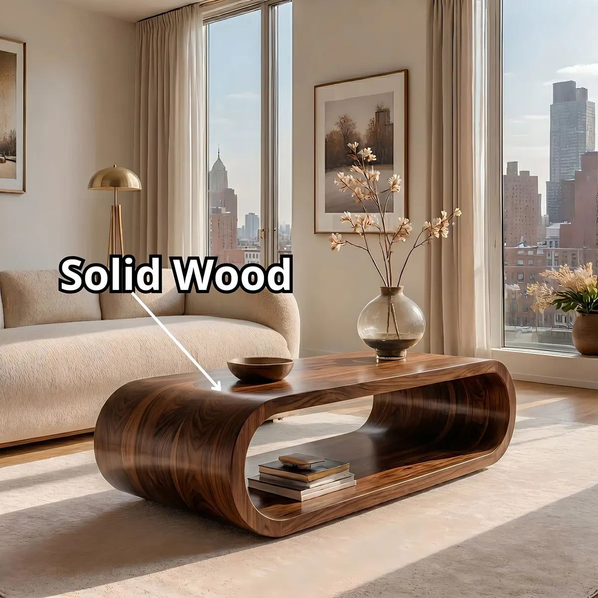 Modern Solid Wood Continuous Oval Coffee Table with Open Storage