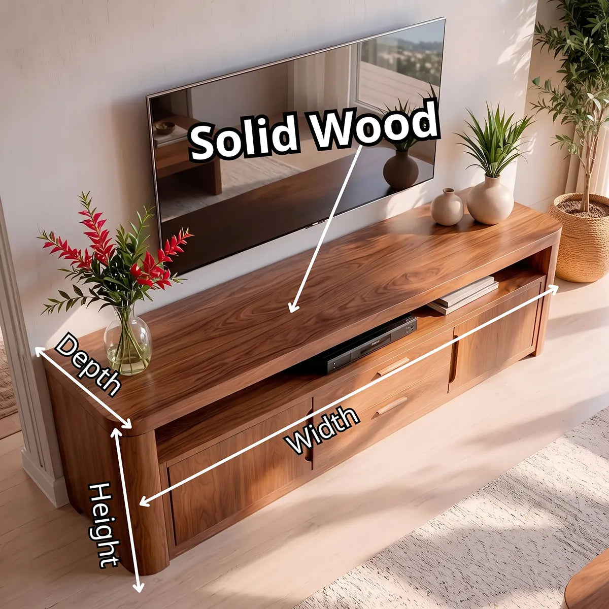 Modern TV Stand with 2 Cabinets, 2 Drawers & Open Media Shelf | Low Profile Entertainment Console TT006-8OIW7WL