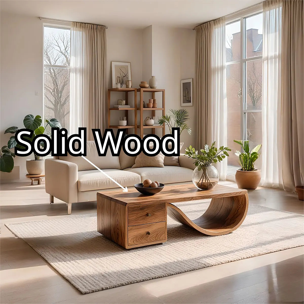 Modern Solid Wood Sculptural Coffee Table with Storage Drawers
