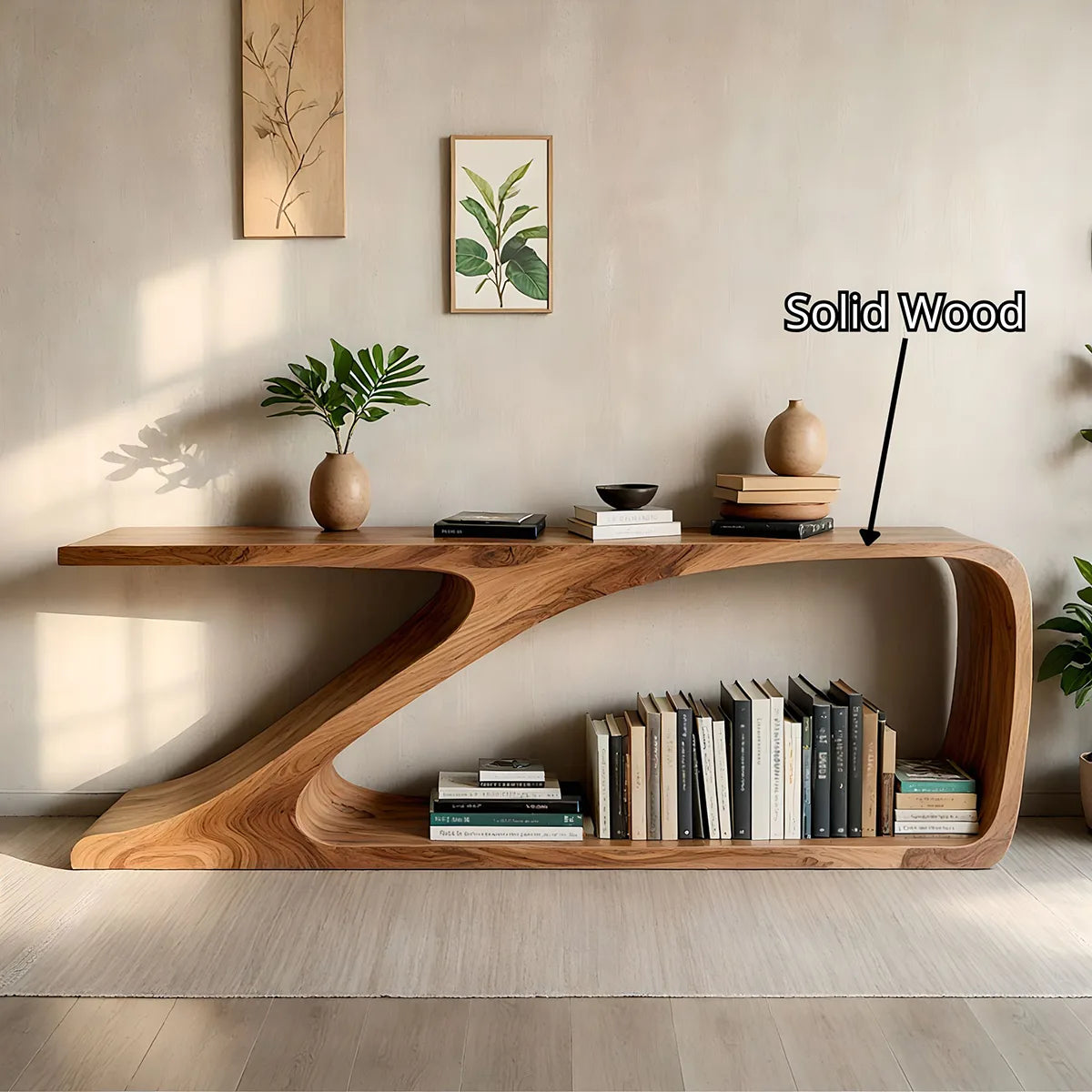 Sculptural Curved Wood Console Table |  Open Shelf Entryway Table HL020-2PQH3QX