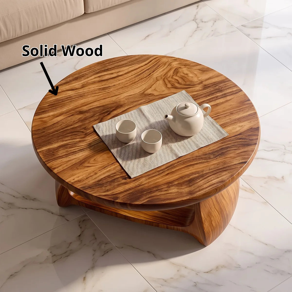 Modern Round Coffee Table with Shelf | Sculptural Wood Coffee Table for Living Room TH003-3167