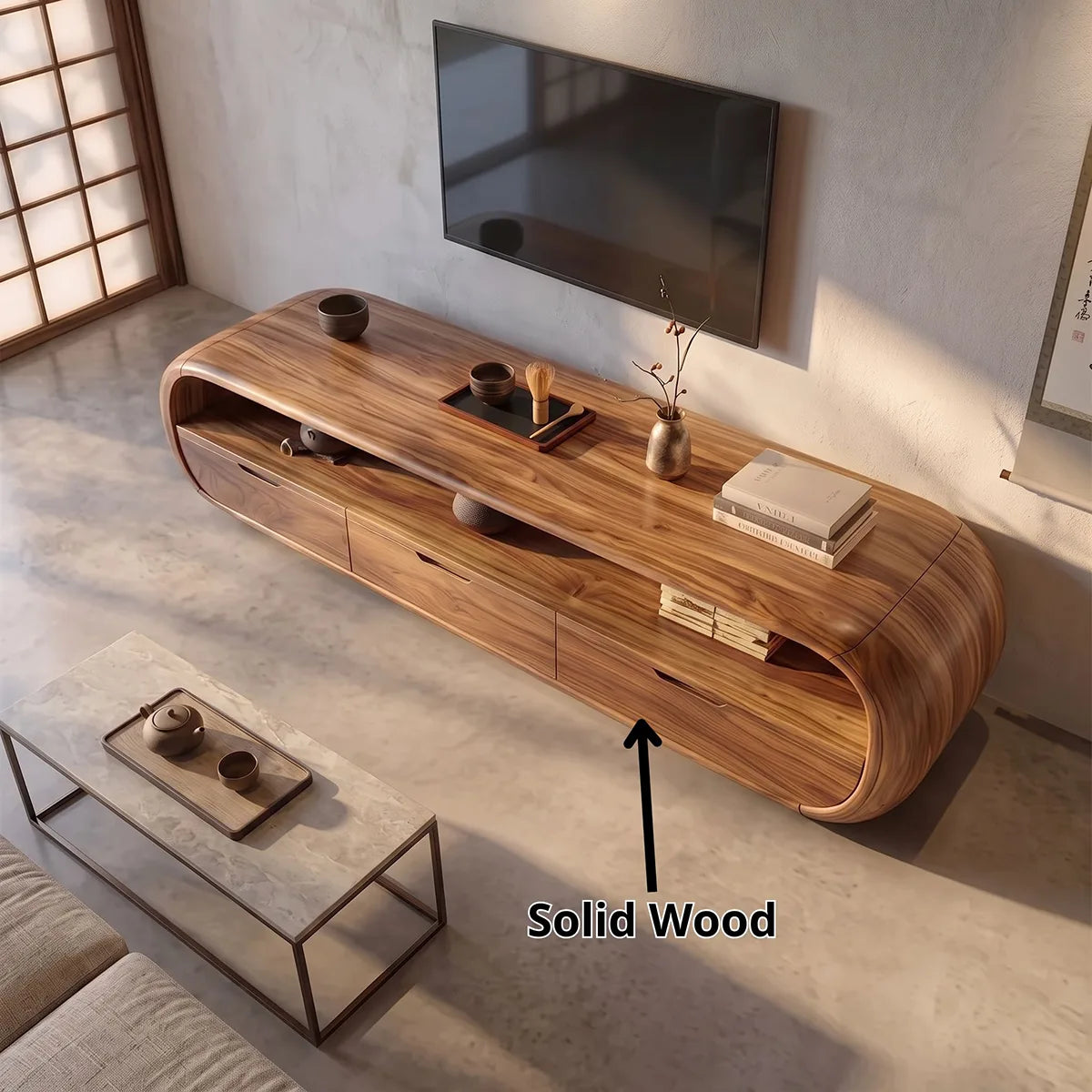Modern Curved TV Stand with 3 Drawers & Open Shelf | Low Profile Media Console TH003-7SLN5DB