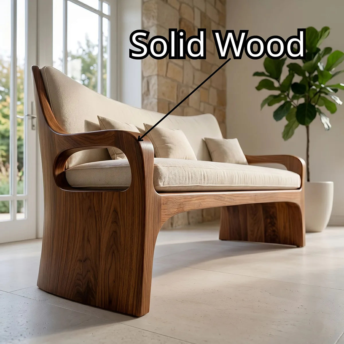 Modern Organic Wooden Sofa with Sculpted Curved Frame Design