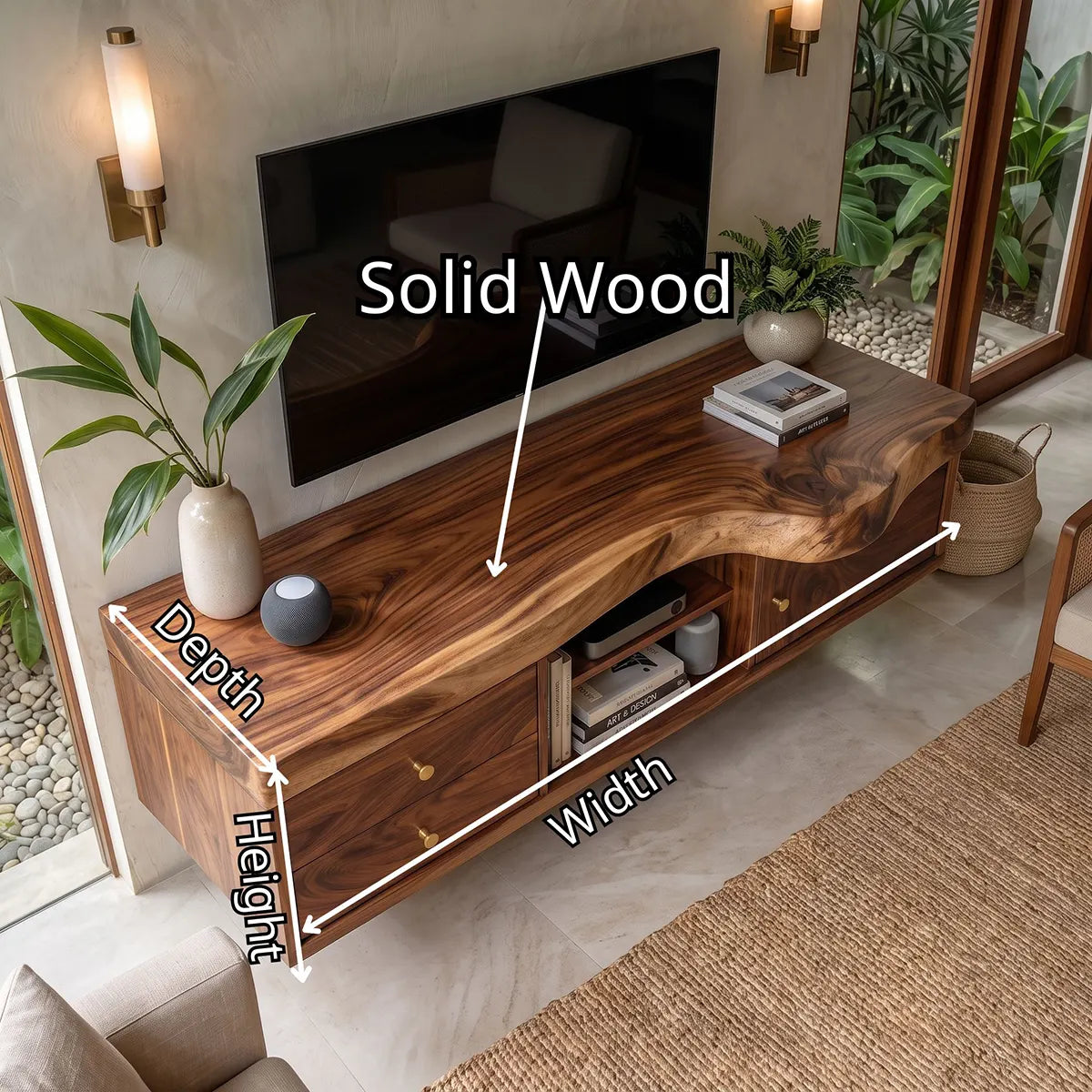 Modern TV Stand with 2 Drawers, Open Shelf & Cabinet | Natural Organic Media Console TT006-3ZLT6YV
