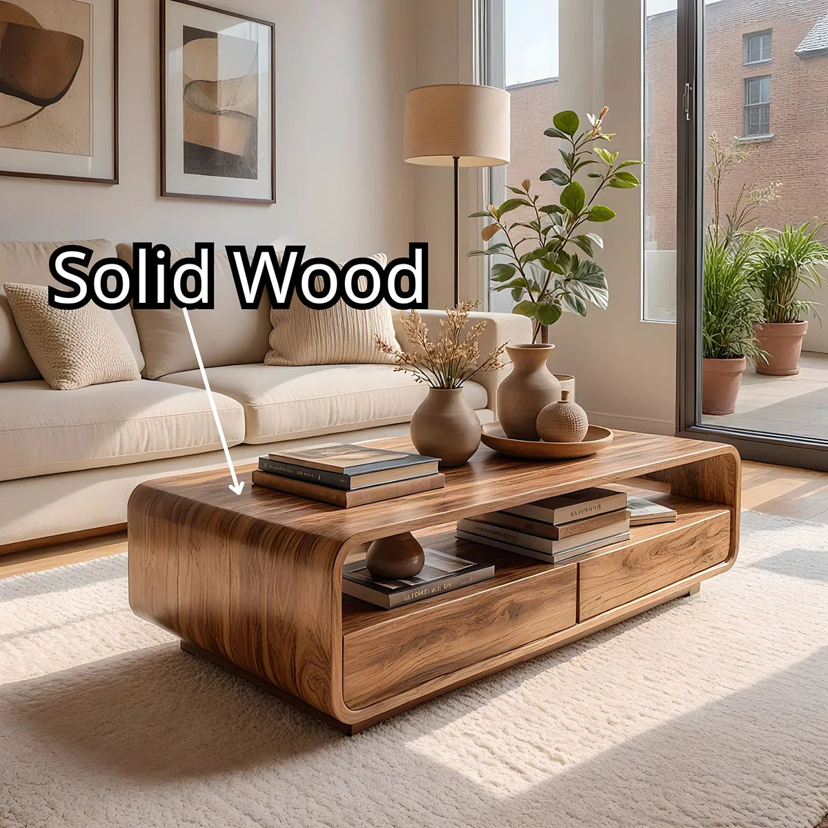 Modern Solid Wood Curved Coffee Table with Open Shelf and Drawers