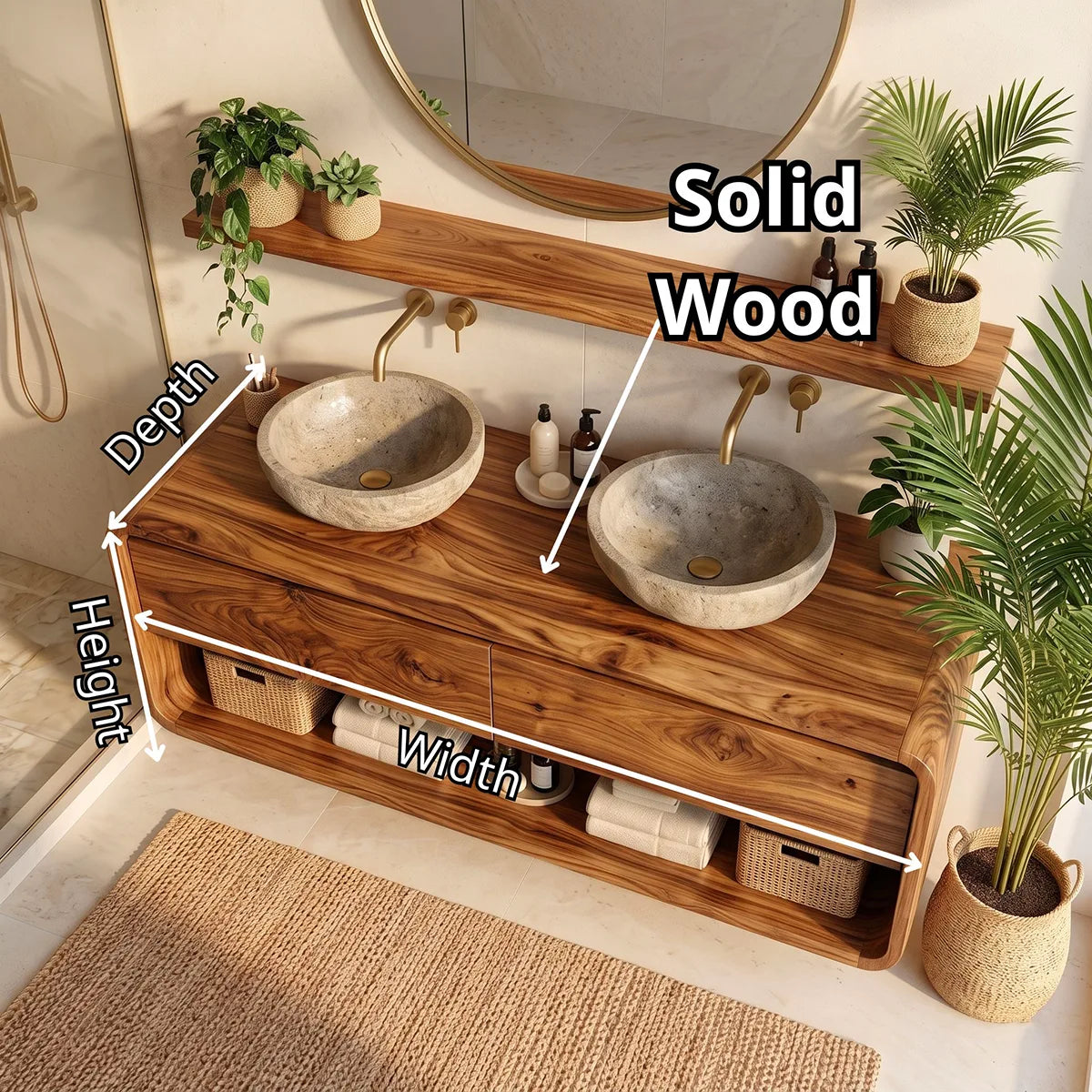 Floating Double Bathroom Vanity with 2 Drawers & Open Shelf | Rounded Organic Modern Design TT006-7NDV5OI