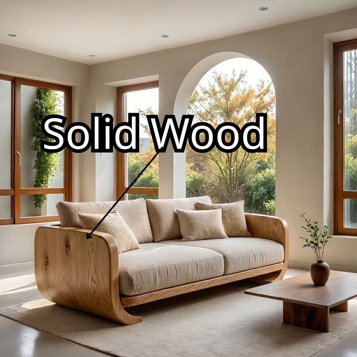 Luxury Organic Modern Wooden Sofa with Curved Sculptural Armrests
