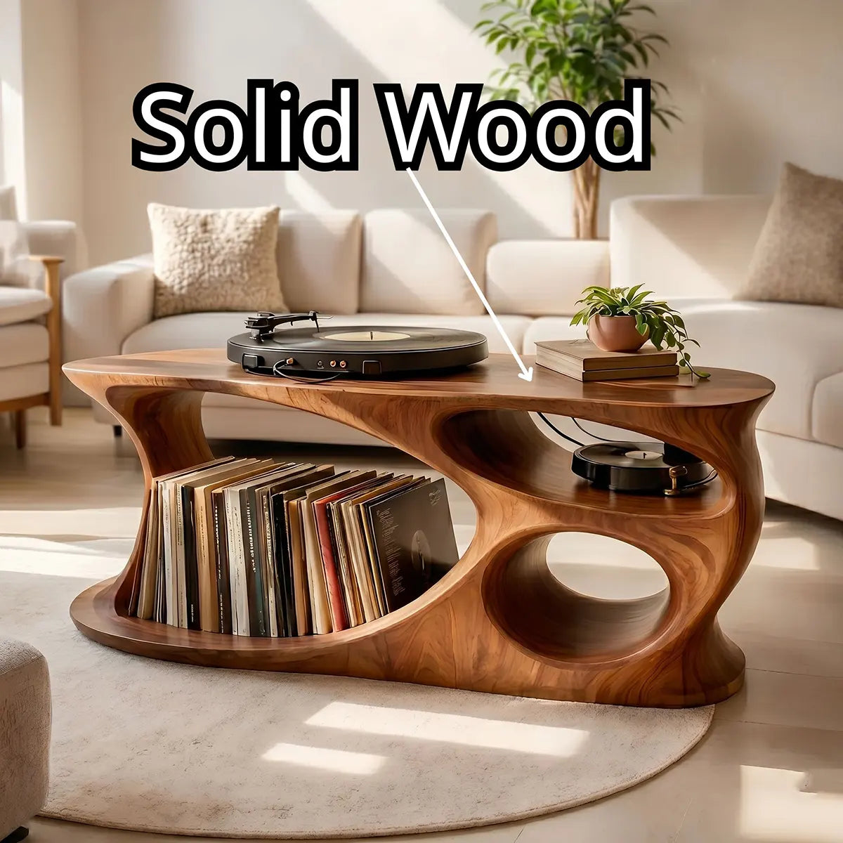 Solid Wood Record Player Stand with Vinyl Storage Shelves