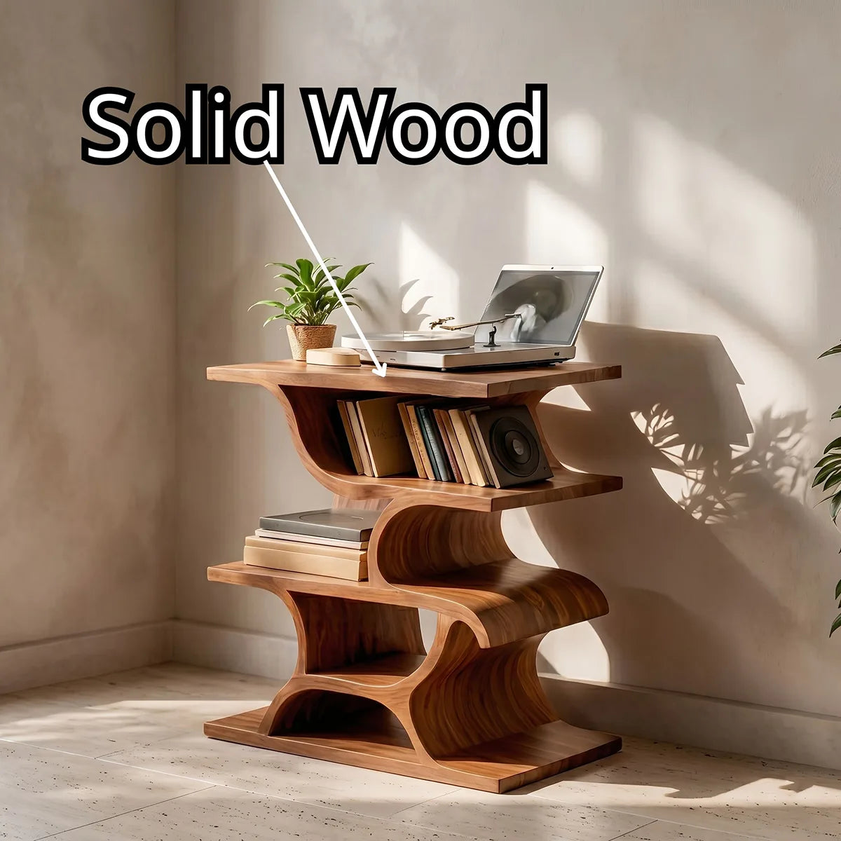 Modern Solid Wood Record Player Stand, Curved Wooden Vinyl Storage Shelf