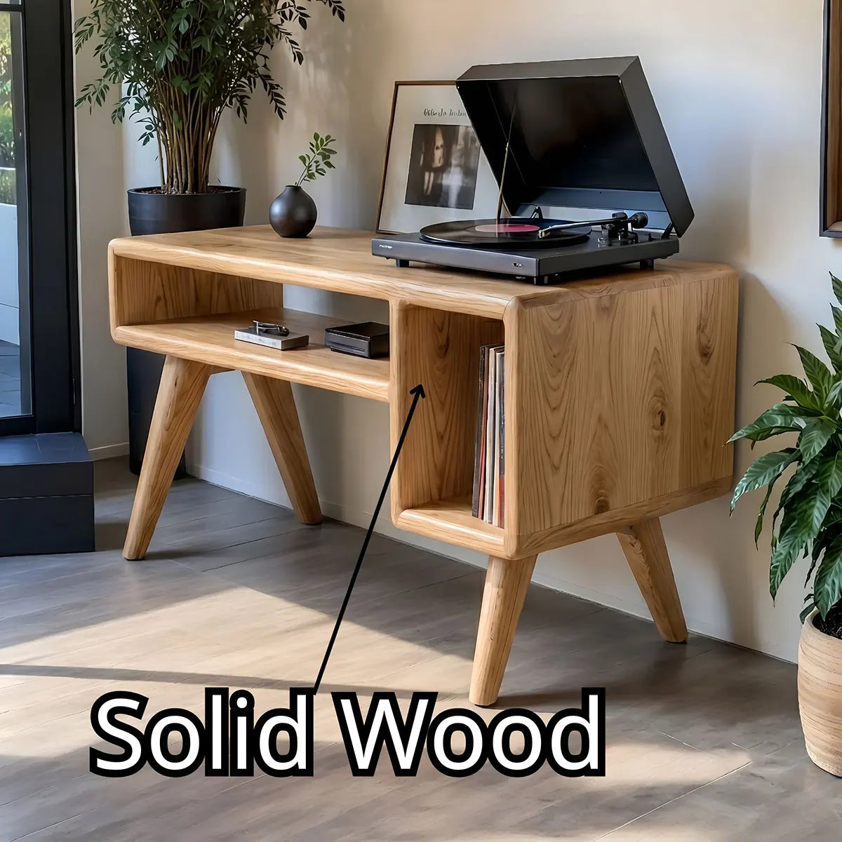 Mid-Century Modern Wood Record Player Stand & Vinyl Storage