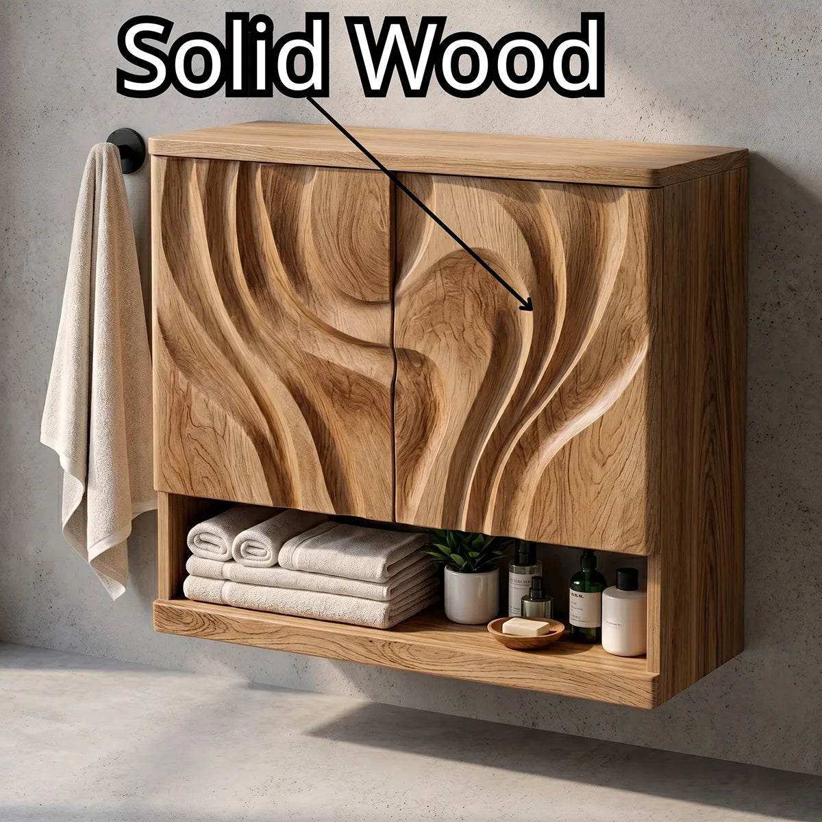 Solid Wood Floating Wall Cabinet Handcrafted Wave Front Bathroom Storage Cabinet