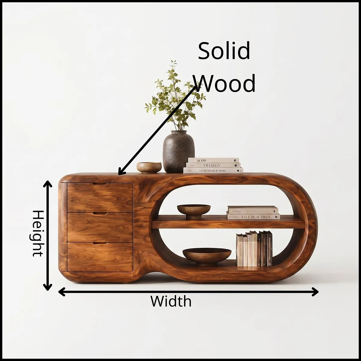 Modern Organic Storage Console Table with 3 Drawers & Open Shelves | Solid Wood Entryway Console TT006-8204