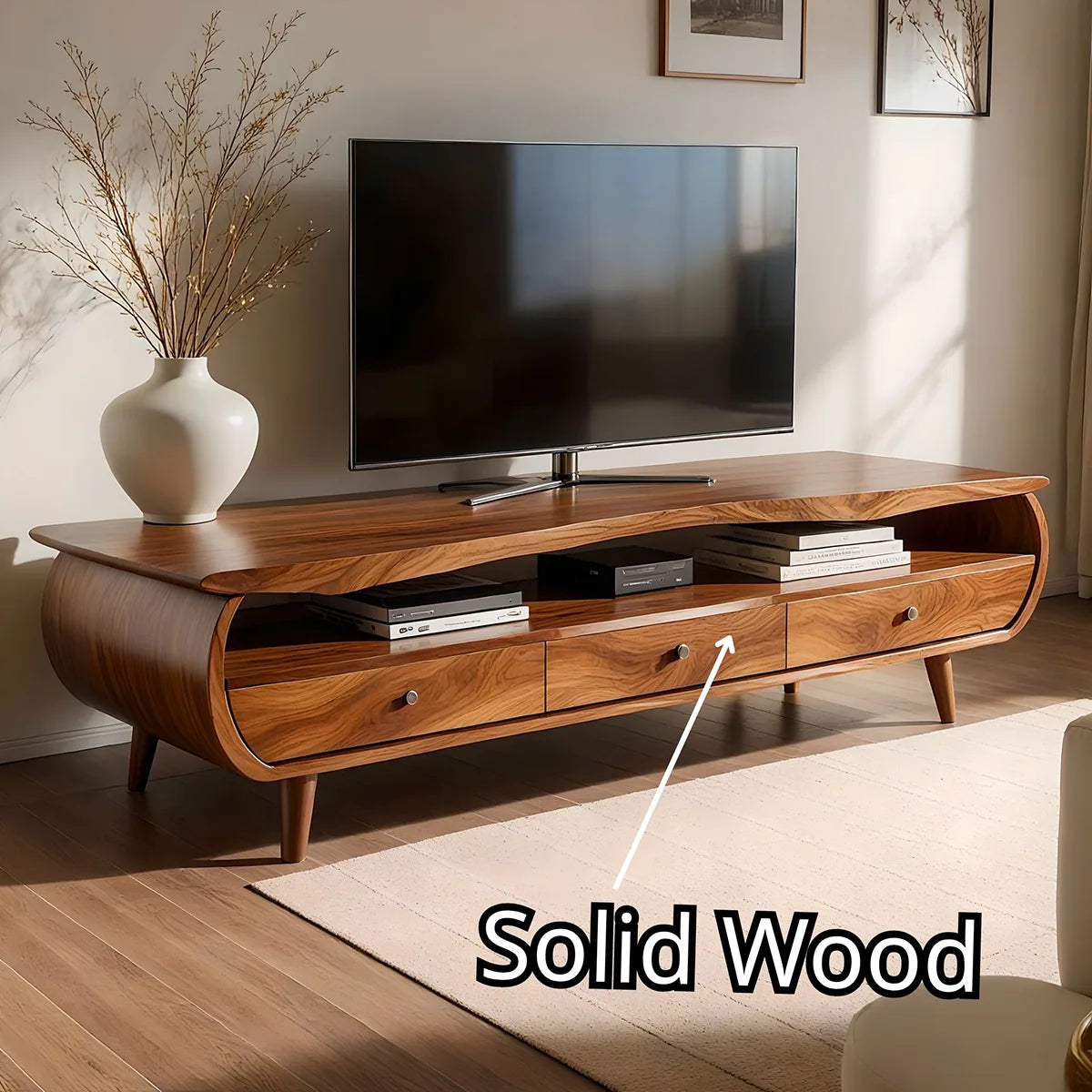 Mid Century Modern Solid Wood Curved TV Stand with Drawers