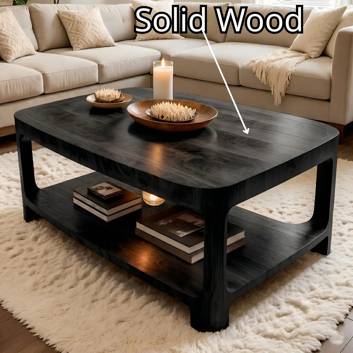 Modern Solid Wood Rectangular Coffee Table with Lower Storage Shelf