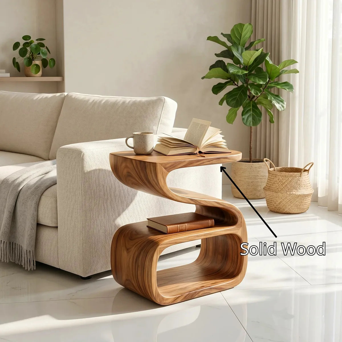 Solid Wood Side Table with Double Shelf | Sculptural Design TH003-3969
