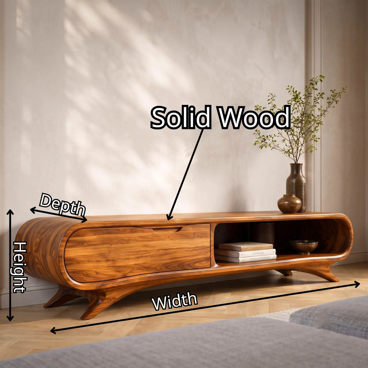 Modern Curved TV Stand with Large Drawer & Open Storage | Sculptural Media Console TT006-3JHB2OI
