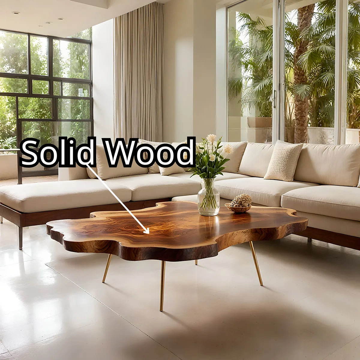Large Organic Live Edge Solid Wood Coffee Table with Metal Legs