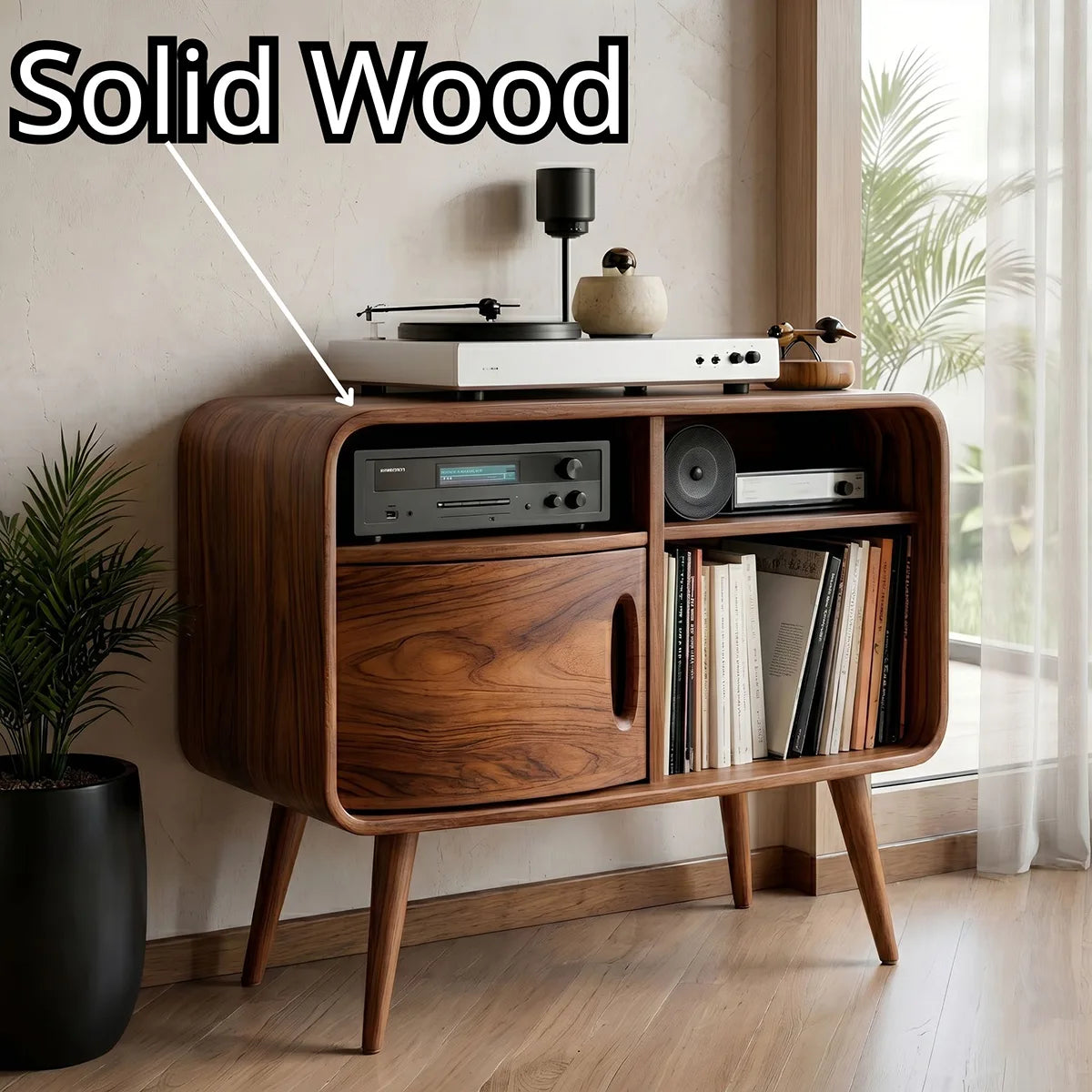 Mid Century Wooden Record Player Cabinet With Vinyl Storage