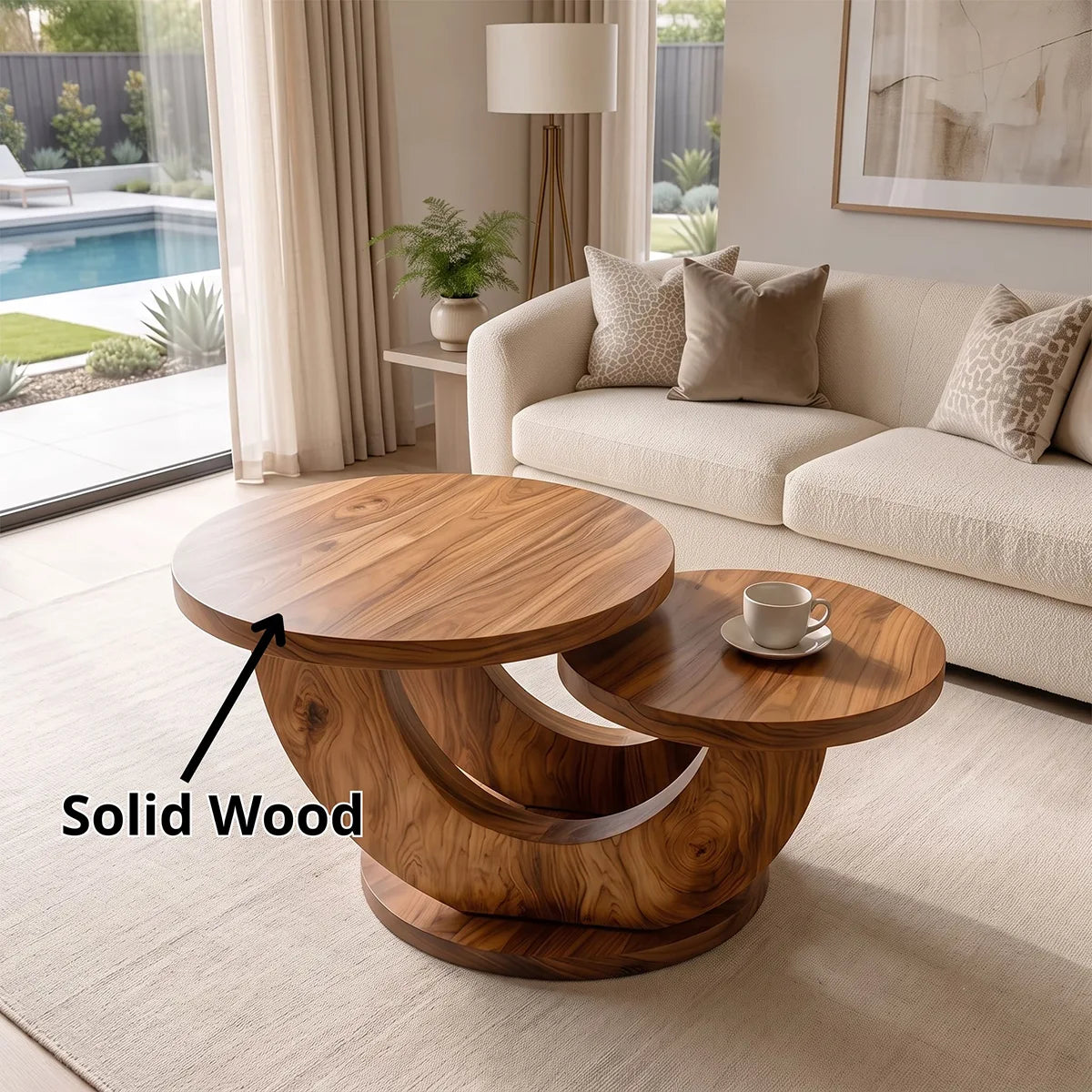 Sculptural Two-Tier Round Coffee Table with Curved Base | Organic Modern Living Room Table TH003-3SBR5VG