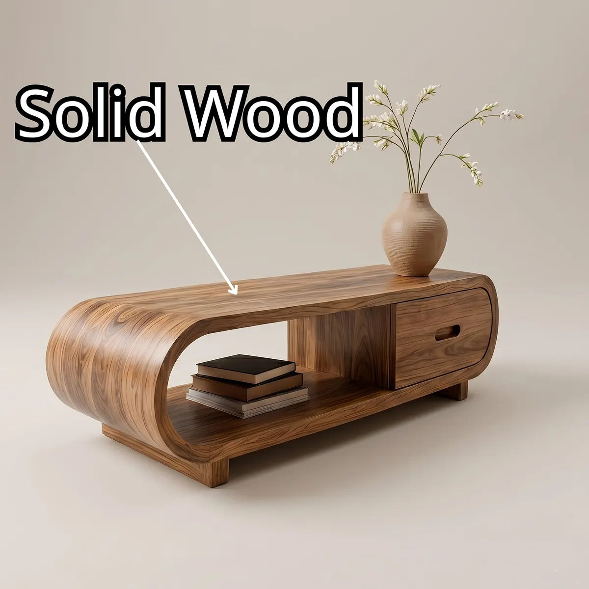 Handcrafted Solid Wood Coffee Table with Oval Silhouette and Storage Drawer