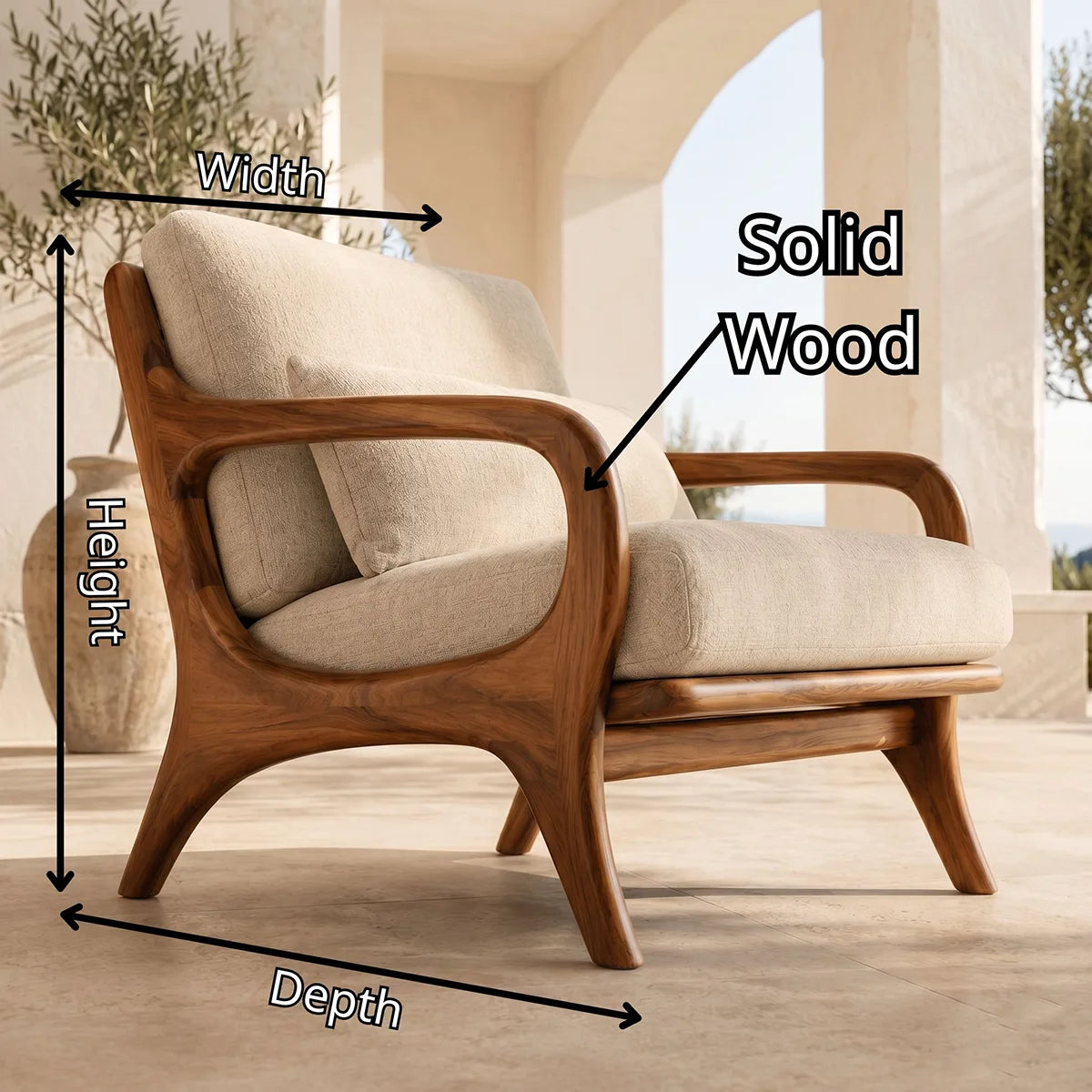 Mid-Century Solid Wood Lounge Chair | Handcrafted Wooden Accent Chair with Curved Arms TT006-7521