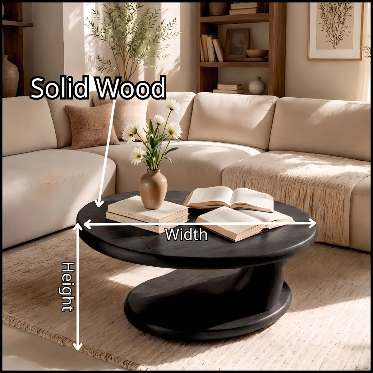 Round Solid Wood Coffee Table with Open Shelf | Modern Sculptural Living Room Table TT006-1486