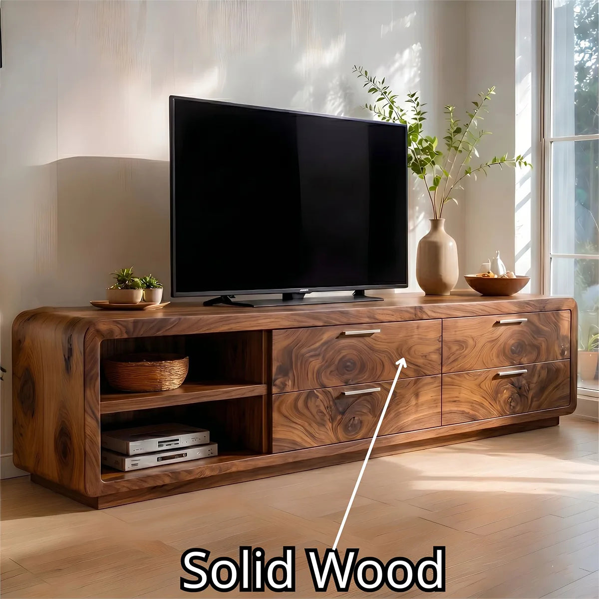 Modern Solid Wood Rounded Asymmetrical TV Stand with Drawers