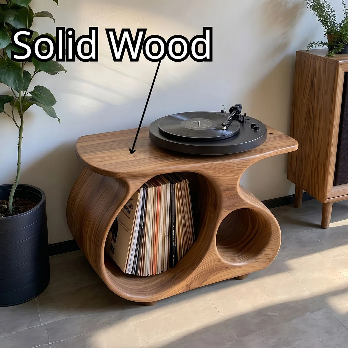 Mid-Century Modern Solid Wood Record Player Stand With Vinyl Storage