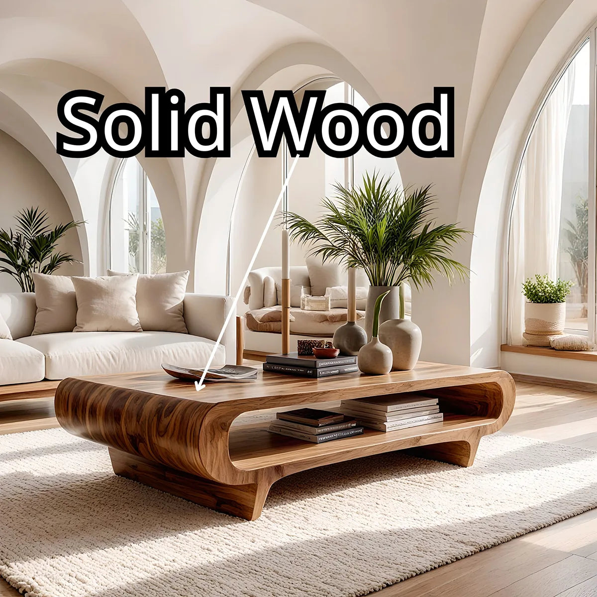 Handcrafted Solid Wood Coffee Table with Oval Silhouette and Open Storage