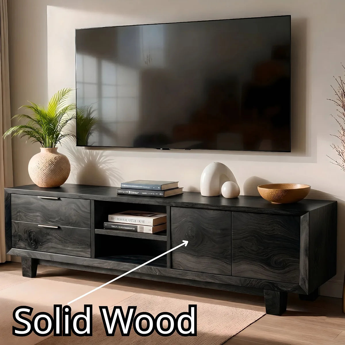 Mid Century Modern Solid Wood TV Stand with Mixed Storage